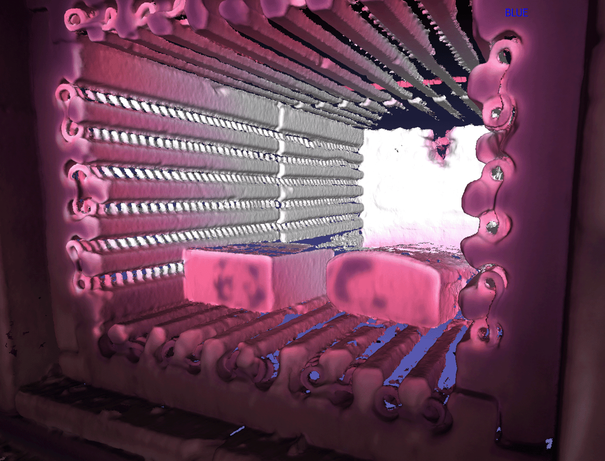 3D scan with color texture of industrial furnace with hot metal at  1200°C / 2200°F